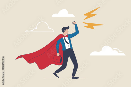Superhero businessman with superpower to win business success, strength or power to control and finish work, confidence great responsibility, courage or strong positive attitude with fearless mindset.