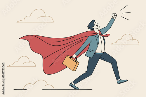 Superhero businessman with superpower to win business success, strength or power to control and finish work, confidence great responsibility, courage or strong positive attitude with fearless mindset.