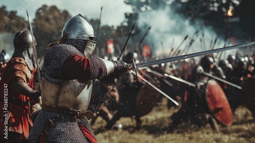 Clash of Steel: A historical reenactment scene depicts medieval knights in full armor engaged in a fierce battle, swords clashing amidst a hail of arrows. Capturing the intensity of combat.