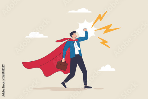 Superhero businessman with superpower to win business success, strength or power to control and finish work, confidence great responsibility, courage or strong positive attitude with fearless mindset.