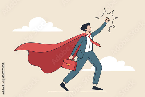 Superhero businessman with superpower to win business success, strength or power to control and finish work, confidence great responsibility, courage or strong positive attitude with fearless mindset.