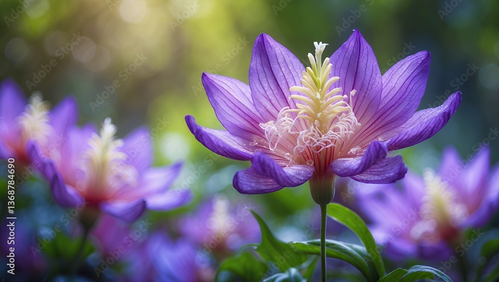 Fototapeta premium Close-up of vibrant purple flowers, delicate petals, with a bright yellow core