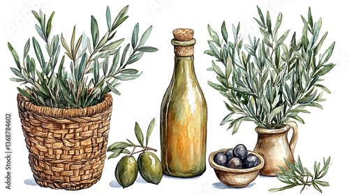 Watercolor painting of olives, olive oil bottle, and olive branches in baskets.