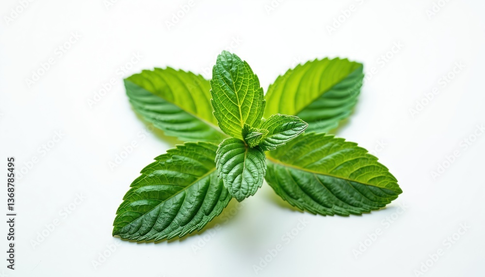 Fresh peppermint leaves arranged on white backdrop. Vibrant green plant veins, texture. Ingredient for tea, drinks, medicine, cocktails, desserts. Peppermint offers refreshing aroma, breath Fresh peppermint leaves arranged on white backdrop. Vibrant green plant veins, texture. Ingredient for tea, drinks, medicine, cocktails, desserts. Peppermint offers refreshing aroma, breath