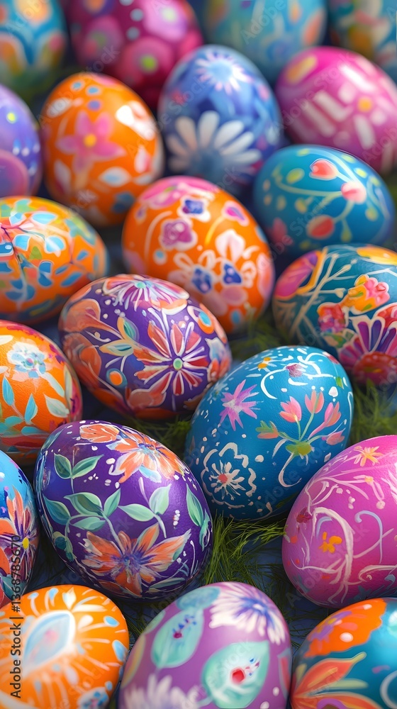 Colorful hand-painted Easter eggs on a blue surface Colorful hand-painted Easter eggs on a blue surface
