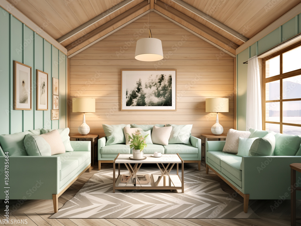 Fototapeta premium Modern minimalist living room interior with wall panelling in light wood colors and mint sofa. Living room with wall panels, couch and simple minimalist decor