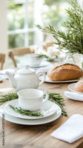 Wallpaper Mural Elegant table setting featuring tea service and freshly baked bread surrounded by greenery in a bright, inviting environment Torontodigital.ca