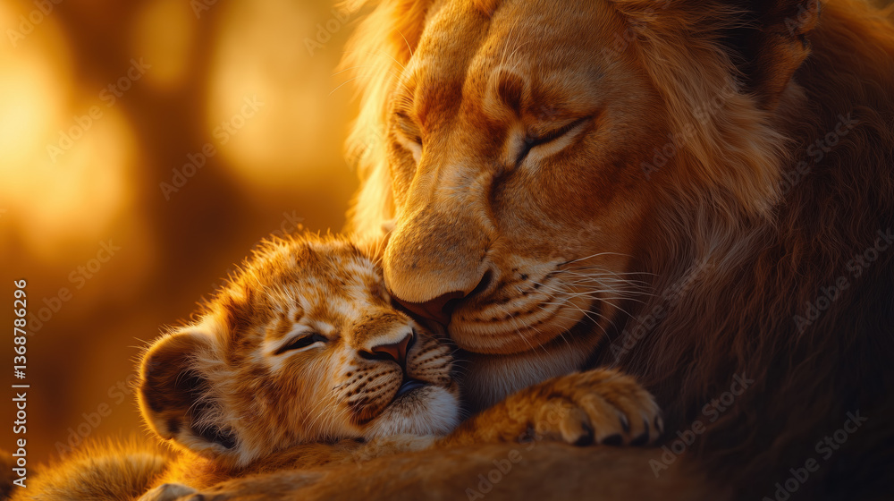 Fototapeta premium Lion cuddling with cub at golden hour, warm wildlife family moment in savanna