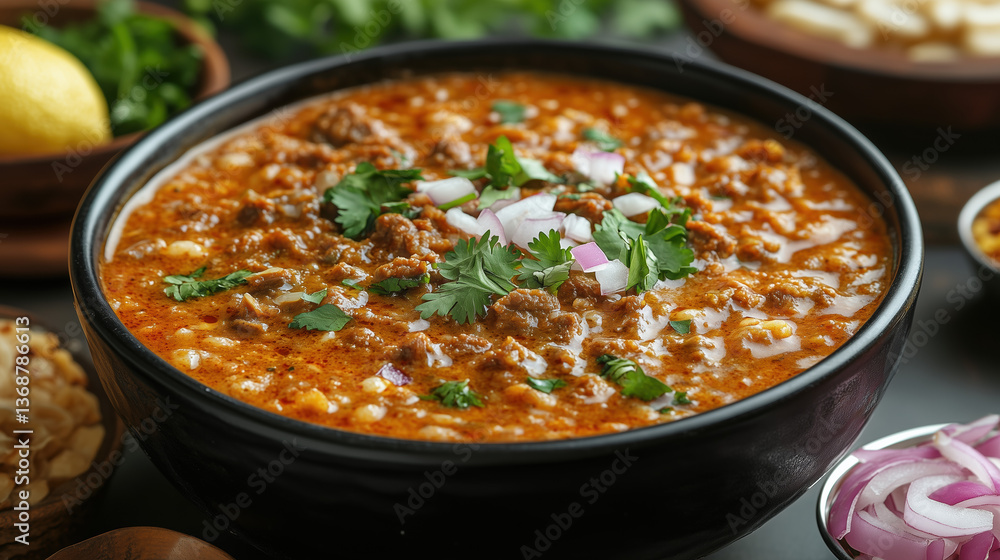 Traditional hearty bowl of haleem with herbs and fried onions, close-up of delicious dish Traditional hearty bowl of haleem with herbs and fried onions, close-up of delicious dish