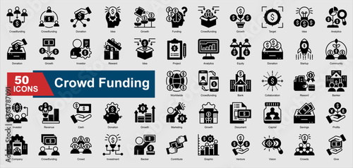 Crowd Funding Icon Collection Set. Donation, Funding, Investor, Revenue, Capital, Savings, cash icon. Black Style Vector Ilustration