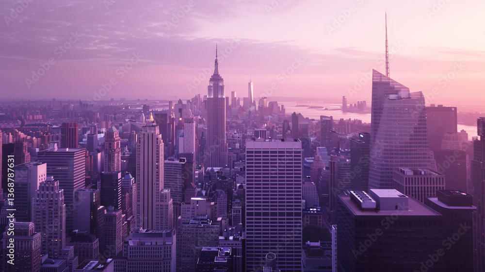 Fototapeta premium AI Art Illustration: A Breathtaking View of the City Center from Above in Purple Tones, Perfect for Websites