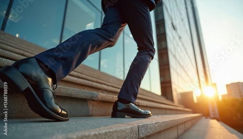 Businessman climbs outdoor stairs in suit. Symbolizes achievement goal progress. Career, pro success, urban setting. Man goes to work. Modern building architecture. Sunset, sunlight at background.