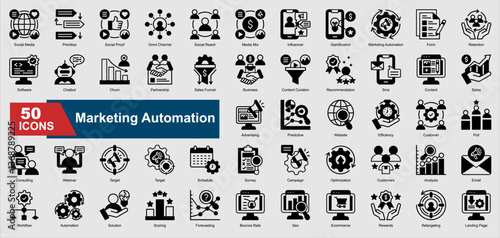 Marketing Automation black icons featuring automation, CRM, email marketing, customer retention, analytics, chatbot, and more. Perfect for illustration and design.
