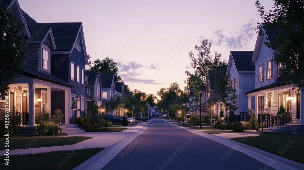 Fototapeta premium Idyllic Suburban Street Scene at Dusk with Harmonious Architectural Design