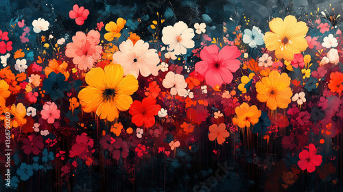 Vibrant abstract floral painting with colorful blooming flowers on dark textured background in modern artistic style