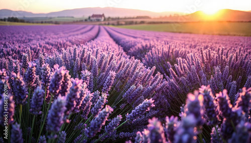 Wallpaper Mural A vast field of lavender flowers, with the sun setting in the background. The flowers are in full bloom, creating a beautiful and calming scene. The sun's rays are casting a warm glow over the field Torontodigital.ca