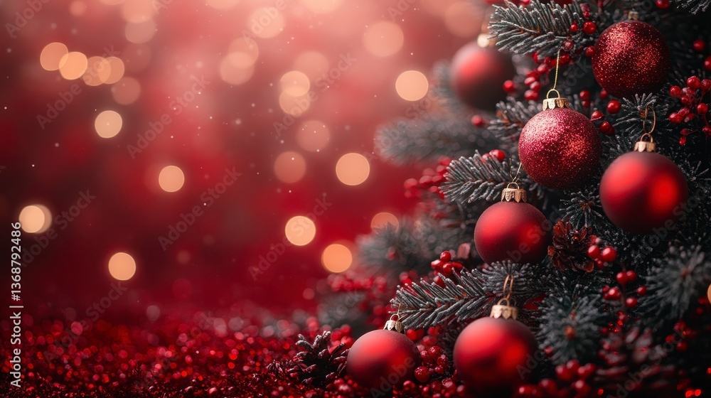 Festive tree decorated with red ornaments, sparkling lights, and red surface Festive tree decorated with red ornaments, sparkling lights, and red surface