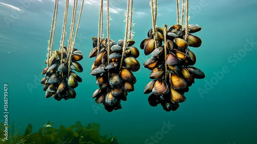 Clusters of mussels hang submerged underwater, showcasing their vibrant shells. The coastal farming site thrives in clear blue waters, with a serene environment around them.