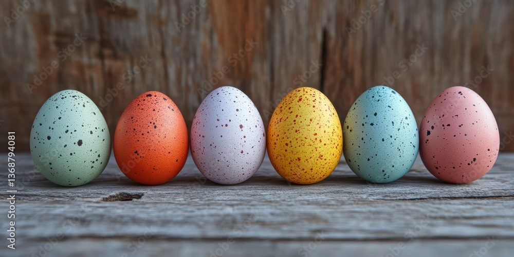 Colorful speckled eggs arranged in a line on a rustic wooden surface during springtime Colorful speckled eggs arranged in a line on a rustic wooden surface during springtime