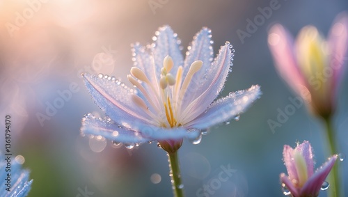 Delicate blossom with dewdrops glistens in soft light
