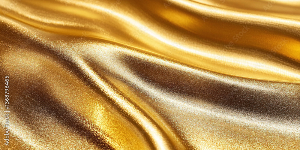 Fototapeta premium Golden shiny background with fabric texture. Close-up of wavy fabric. Shiny iridescent texture