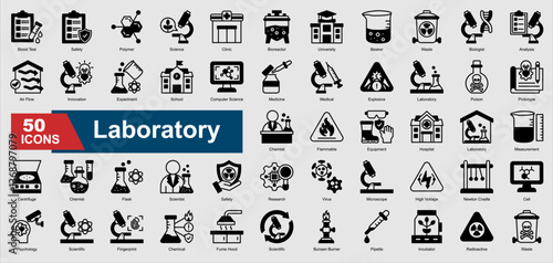 A collection set of black solid Laboratory icons. Includes microscope, beaker, scientist, experiment, research, and more. Perfect for illustration and design.