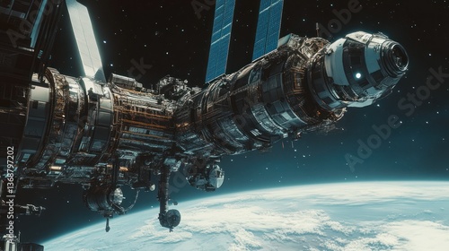 Fototapeta Naklejka Na Ścianę i Meble -  A detailed view of a space station orbiting Earth in the vast cosmos.