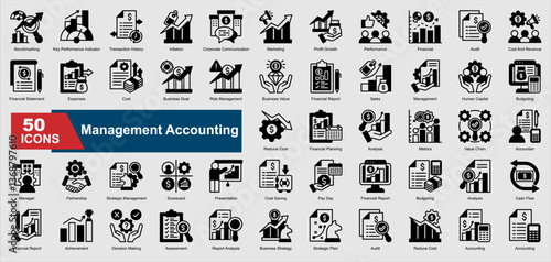 A collection set of black solid Management Accounting icons. Includes budgeting, financial report, cash flow, expenses, audit, and more. Perfect for illustration and design.
