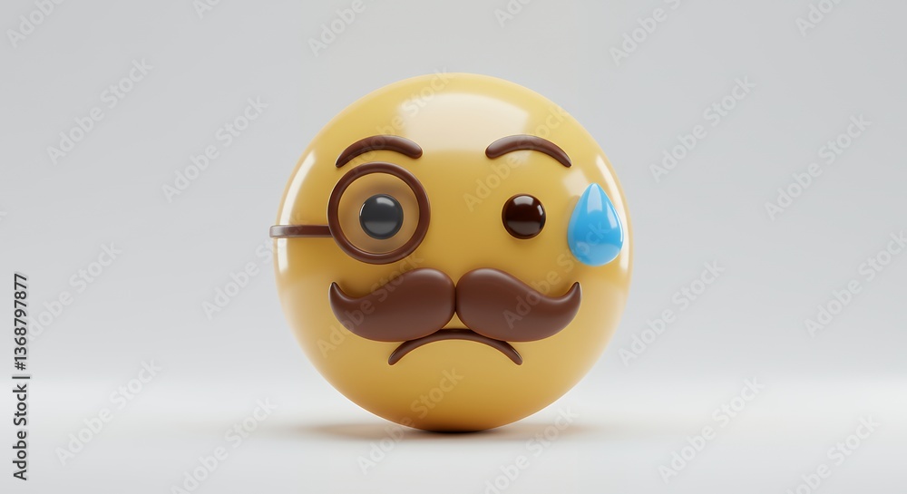 Fototapeta premium A 3D Render of a Sad Emoji with Monocle and Mustache, Depicting Melancholy and Nostalgia