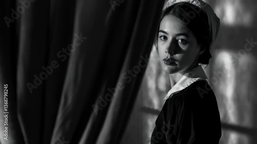 Female employee: black and white video, focused expression, professional appearance, determined posture, working diligently, monochrome footage, attention to detail, concentration, task completion.