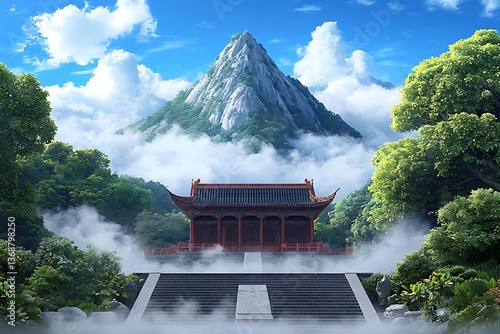 Asian Mountain Temple Scene
