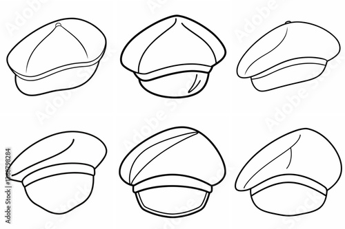 Beret Cap Outline Coloring Book Page Line Art Drawing Set on White Background
