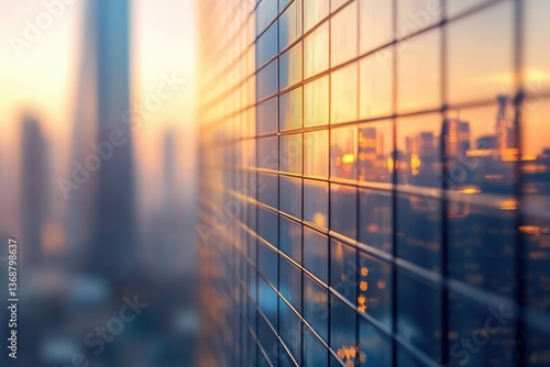 A modern glass building reflects the skyline at sunset, creating a beautiful urban landscape with a warm, golden glow.