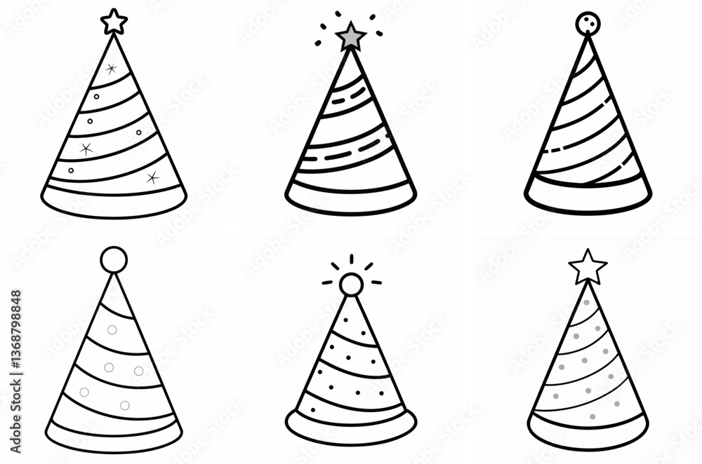 Birthday Party Hat Outline Coloring Book Page Line Art Drawing Set on White Background Birthday Party Hat Outline Coloring Book Page Line Art Drawing Set on White Background