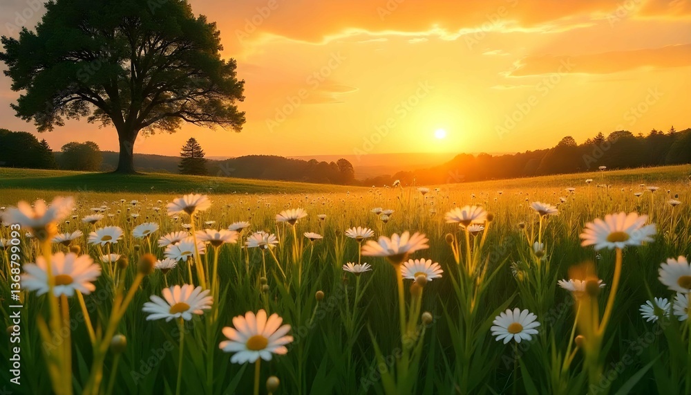 Obraz premium A beautiful landscape of a field of daisies with a tree on the left side. The sky is a warm orange color with a few wispy clouds. The sun is setting in the background, casting a golden glow over the s