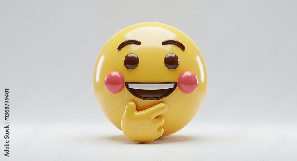 Fototapeta premium Adorable 3D Render of a Smiling Emoji with Rosy Cheeks Contemplating Thoughtfully