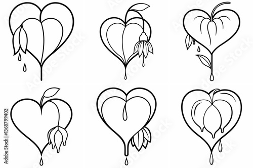 Bleeding Heart Flower Outline Coloring Book Page Line Art Drawing Set on White Background