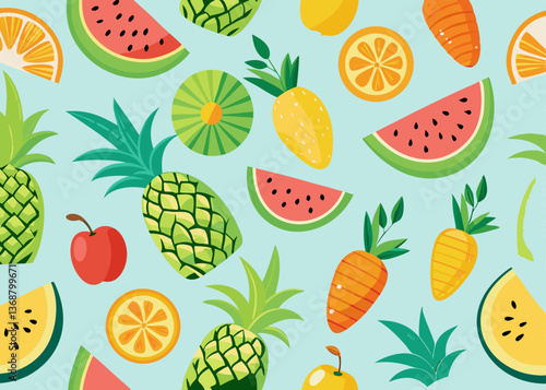 A seamless tropical fruit pattern featuring pineapples, watermelons, bananas, and mangos in a playful hand-drawn style. Bright and colorful design perfect for summer-themed projects and backgrounds.