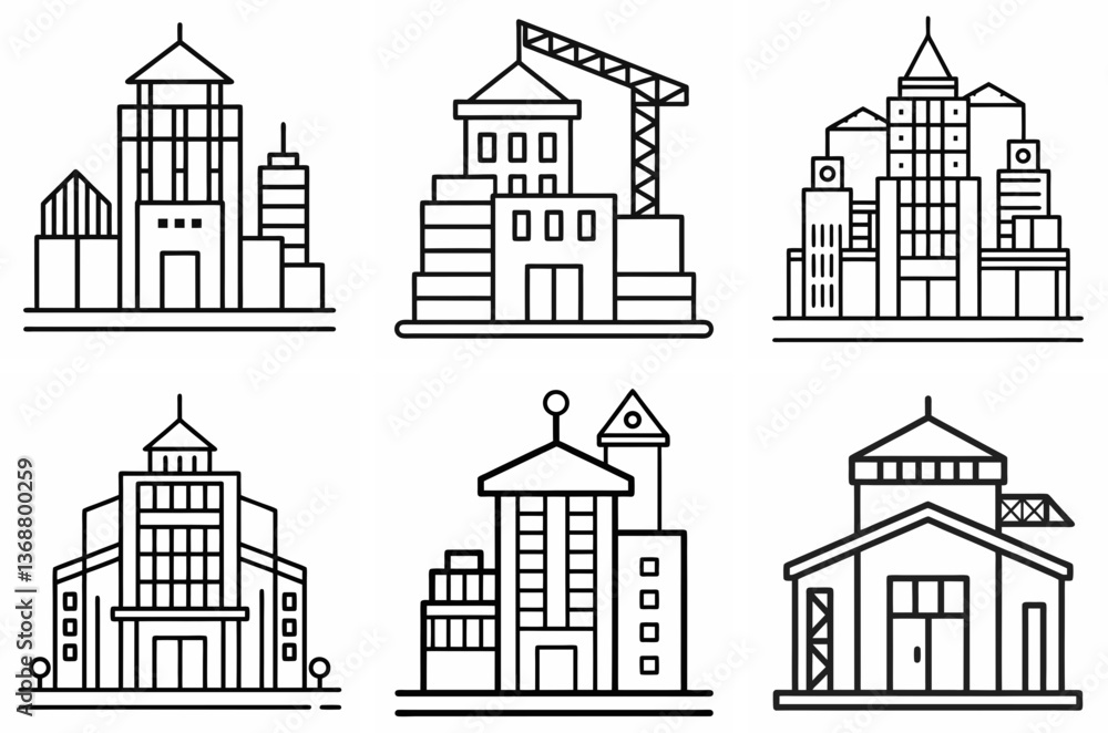Fototapeta premium Building Construction Outline Coloring Book Page Line Art Drawing Set on White Background