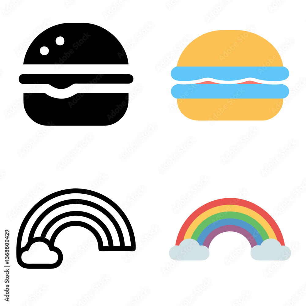 Fototapeta premium Burger and Rainbow Line Icon & Color Icon Set