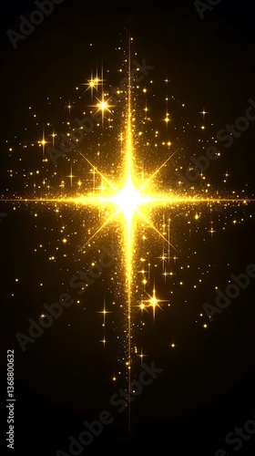 Golden starburst with glittering particles on black background.