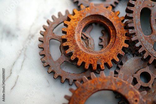 A close-up shot of rusty gears arranged on a white surface, evoking a sense of aged mechanics and industrial decay.