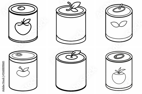 Canned Food Tomato Outline Coloring Book Page – Line Art Drawing Set on White Background