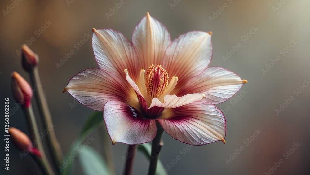 Fototapeta premium Delicate, close-up view of a vibrant flower, featuring intricate petals and buds