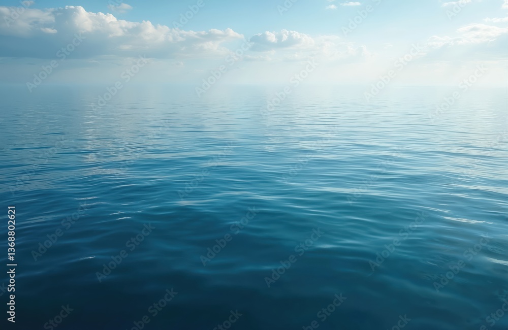 Obraz premium Aerial photo of calm ocean surface with blue sky, white clouds. Empty seascape background. Beautiful natural scenery, summer vibes, calm water. Peaceful, relaxing, travel, vacation, holiday concept.