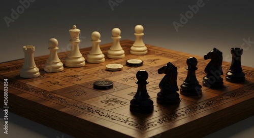 Chessboard with Classic Wooden Chess Pieces in Strategic Play
