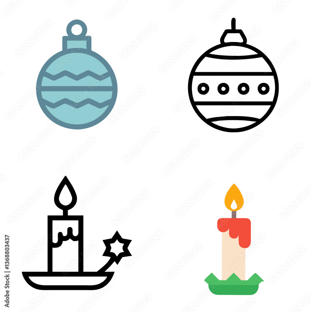 Obraz premium Christmas Bauble & Christmas Candle – Line Icon and Color Icon Set