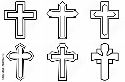 Christian Cross Outline Coloring Book Page – Line Art Drawing Set on White Background