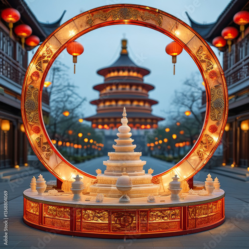 China National day product display podium background, Imperial Pagoda Grandeur, jade accented, majestic pagoda, traditional red and gold, lantern-lit pathways, symbolizing history, wisdom