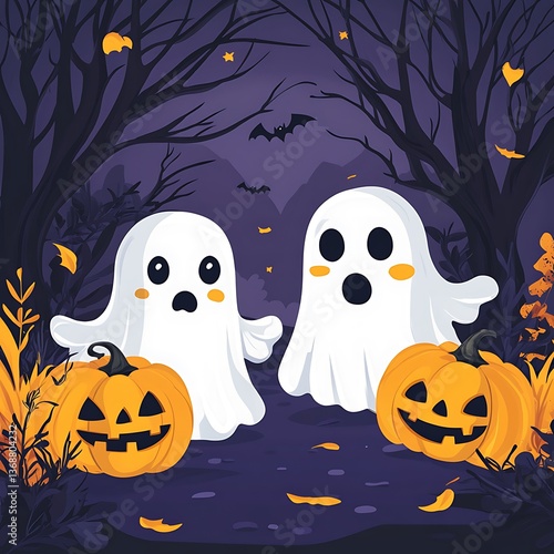 Two cute ghosts in spooky forest with pumpkins.